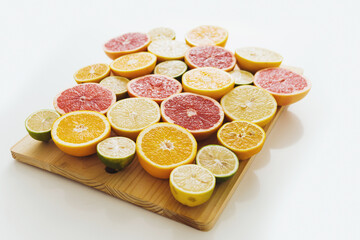 Wall Mural - Sliced citrus fruits such as grapefruit, orange, lemon and lime on cutting board against white background