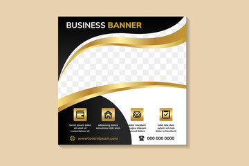 Poster - professional business banner design template. social media post using square layout with space for text and photo collage. black white background with gold gradient element. infographic icon