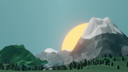 Poster - Low poly mountains landscape background. Polygonal shapes peaks with snow on top and trees around. Sunset wallpaper.  3d 
rendering illustration. Background pattern for design.