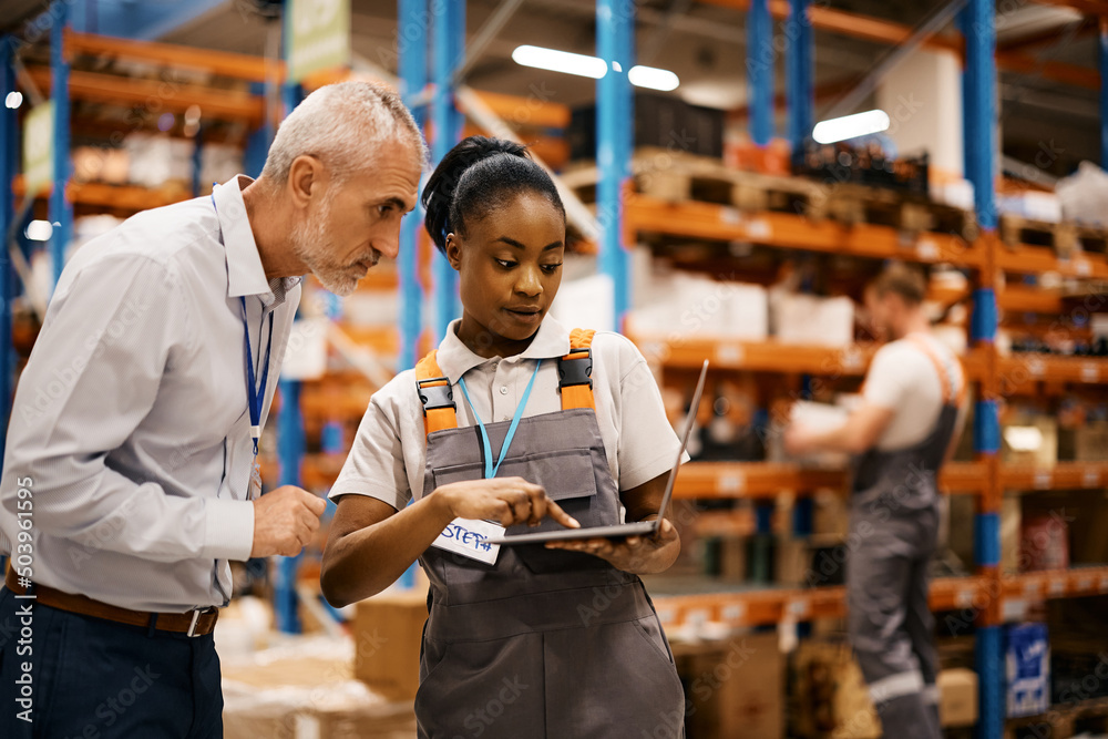 Black distribution warehouse worker and her manager using laptop at ...