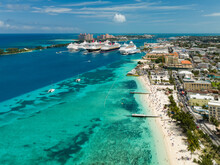 Aerial View Of Junkanoo Beach  And Cruise Ships Docked At Nassau Harbour, New Providence, Bahamas