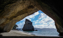 View Of Beach And Te Hoho Rock Through A Natural Arch, Cathedral Cove, Coromandel Peninsula, North Island, New Zealand