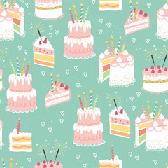 Fun hand drawn party seamless background with cute decorated cakes. Great for birthday parties, textiles, banners, wallpapers, wrapping - vector design