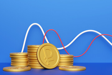 Fototapete - 3d illustration of a lot of gold coins with a sign of the ruble against the background of a growth chart.
