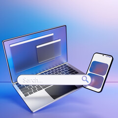 Poster - 3D illustration of a laptop and smartphone with an open browser tab on the screen and an audio search icon.The concept of communication via the Internet, social networks, chat