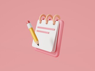 Leinwandbilder - 3d Rendering illustration of Note book icon and pencil isolated on pink background, Remind or checklist and education concept. take notes, Stick note, Clipboard, document, take notes. Minimal style