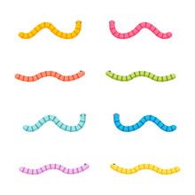 Worms Character Set. Colorful Cartoon Earthworms Collection. Cute Child Snakes Isolate On White Background. Vector Illustration.