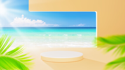 3d podium on yellow color and tropical beach with blue sky white clouds and palm leaves abstract background. Copy space of product presentation and summer nature concept.