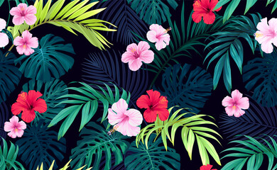 Seamless hand drawn tropical vector pattern with bright hibiscus flowers and exotic palm leaves on dark background.