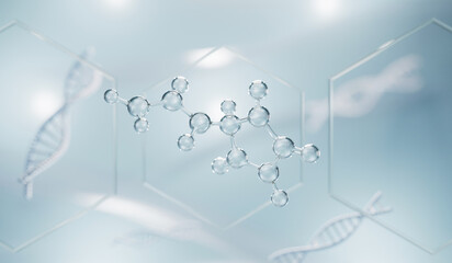 Wall Mural - Realistic molecules background. Science illustration of a cream molecule. Hyaluronic acid skin solutions advertising, collagen serum drop with cosmetic advertising background. 3d rendering.
