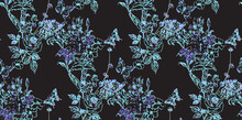Abstract Seamless Pattern. Blue Flowers On A Black Background. Fashion Textiles, Fabric, Packaging.