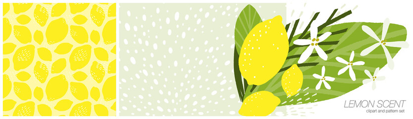 Wall Mural - Lemon seamless pattern and citrus fruit, leaves, flowers and spray drops clipart for essential oil or scented product packaging. Low contrast background and isolated vector graphic collection.