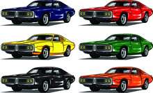 Isolated Vehicle Vector Colorful Icons Set, Flat Illustrations Of Vintage Muscle Various Type Car.