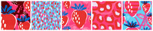 Abstract Strawberry Seamless Pattern Set In Red, Pink And Blue Colors. Colorful Vector Designs With Berry And Leaf Graphic.