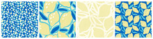 Lemon Fruit Seamless Pattern Set With Citrus Garden Coordinating Designs. Trendy Colorful Yellow And Blue Kitchen Textile Collection.