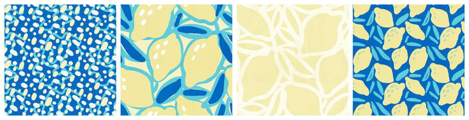 Wall Mural - Lemon fruit seamless pattern set with citrus garden coordinating designs. Trendy colorful yellow and blue kitchen textile collection.