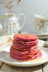 Wall Mural - Pink pancakes breakfast.