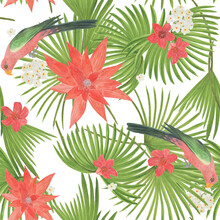 Watercolor Painting Seamless Pattern With Australian King Parrots And Tropical Red Flowers