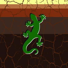 Green Silhouette Of Lizard With Shadow In Desert. Abstract Brown Yellow Texture Background With Cracks. Vector Illustration.