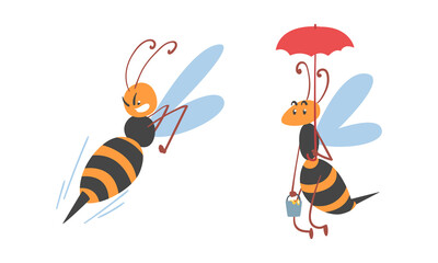 Sticker - Cute Honey Bee with Antenna and Striped Body Flying with Bucket and Stinging Vector Set