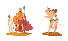 Bible Narrative With Goliath Philistine Giant And Young David And Banishment From Eden Garden Vector Set
