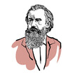 portrait, buste of Johannes Brahms, vector illustration/sketch/drawing on white background