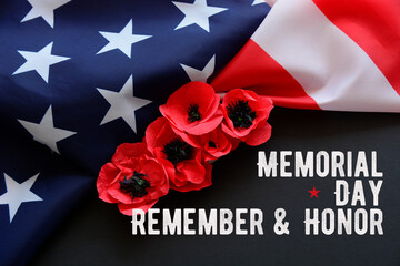 Wall Mural - Text Memorial Day on American flag And a poppy flower background	
