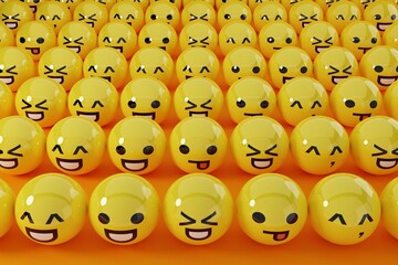 Set of different emoticons. Social media concept, using emoticons among internet users. Emoji in use. Various facial expressions and emoticons. International emoji day. 3D render, 3d Illustration.
