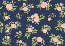 Roses Flowers On Branches. Millefleurs Trendy Floral Design. Seamless Pattern, Background. Vector Illustration. On Blue Denim Background