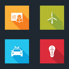 Sticker - Set Certificate template, Wind turbine, Eco car concept drive and Light bulb with wind icon. Vector