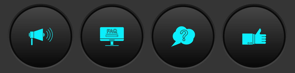 Poster - set megaphone, monitor with faq information, speech bubble question and hand thumb up icon. vector