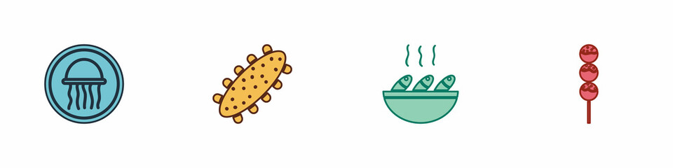 Sticker - Set Jellyfish on a plate, Sea cucumber, Fish soup and Takoyaki stick icon. Vector