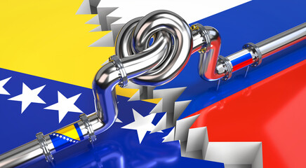 Wall Mural - Fuel/ gas pipeline with a knot, flags of Bosnia and Herzegovina and Russia - 3D illustration