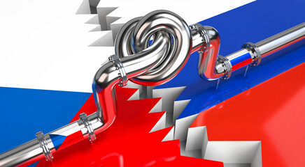 Wall Mural - Fuel/ gas pipeline with a knot, flags of Czech Republic and Russia - 3D illustration