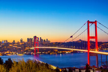 Istanbul Bosphorus Bridge Or 15th July Martyrs Bridge At Sunset. Istanbul, Turkey.