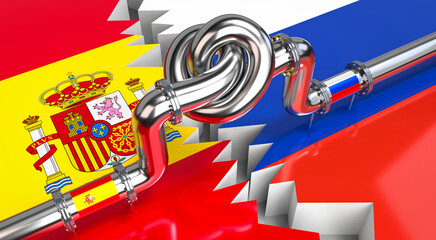 Wall Mural - Fuel/ gas pipeline with a knot, flags of Spain and Russia - 3D illustration