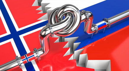 Wall Mural - Fuel/ gas pipeline with a knot, flags of Norway and Russia - 3D illustration