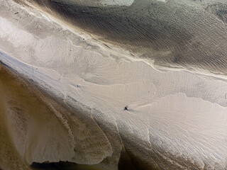 Aerial drone view of sand dunes on Wistula River in Poland. Beautiful textures from the top