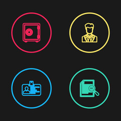 Poster - Set line Identification badge, Document with search, User of man in business suit and Safe icon. Vector