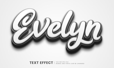 Editable 3d black and white Evelyn text effect. Fancy font style perfect for logotype, heading and title