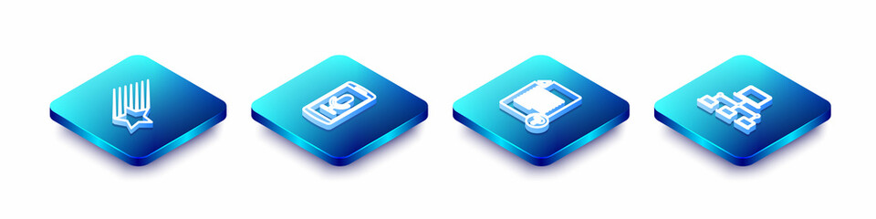 Poster - set isometric line falling star, mobile recording, unknown document and computer network icon. vecto