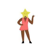 Celebrity Or A Star Type Of Temper, Extravert Temperament Concept. Famous Girl With A Star Shaped Head Waving The Hand.