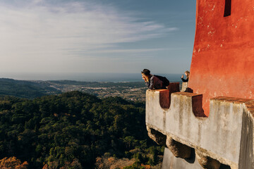 tourist in Pena Palace in Sintra, Lisbon, Portugal - dec, 2021. Famous landmark. Most beautiful castles in Europe