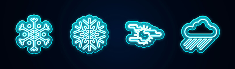 Sticker - Set line Snowflake, , Fog and sun and Cloud with rain. Glowing neon icon. Vector