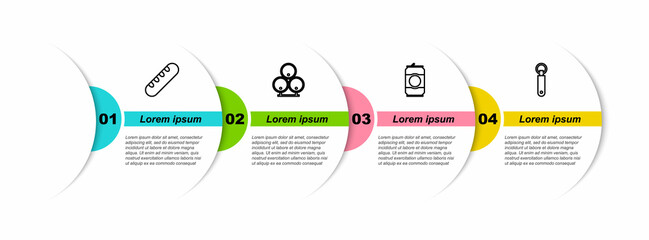 Sticker - Set line French baguette bread, Wooden barrels, Beer can and Bottle opener. Business infographic template. Vector