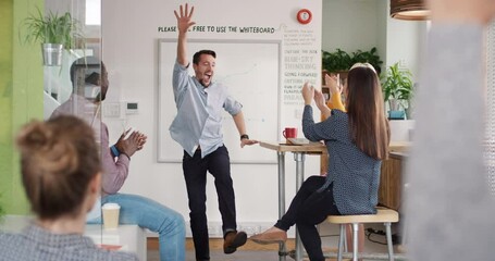 Aufkleber - Carefree, excited young businessman dancing in his office while being recorded on a cellphone. Cheerful businessman dancing in his office and giving his staff high fives.