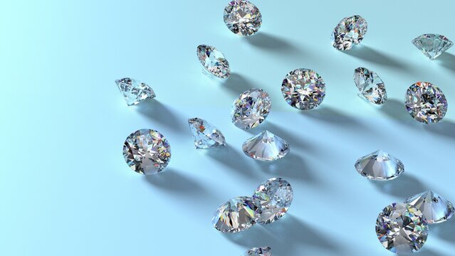 Shiny Diamonds on sky blue-green surface background. Concept image of luxury living, expensive things and high added value. 3D CG. High resolution.