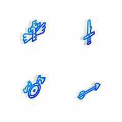 Sticker - Set Isometric line Dagger, Christian cross, Medieval shield with axe and Arrow icon. Vector