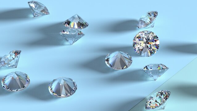 Shiny Diamonds on sky blue-green surface background. Concept image of luxury living, expensive things and high added value. 3D CG. High resolution.