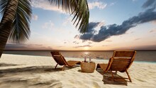 Beautiful Tropical Beach And Sea With 2 Chair Relax On Sunset Sky. 3D Rendering